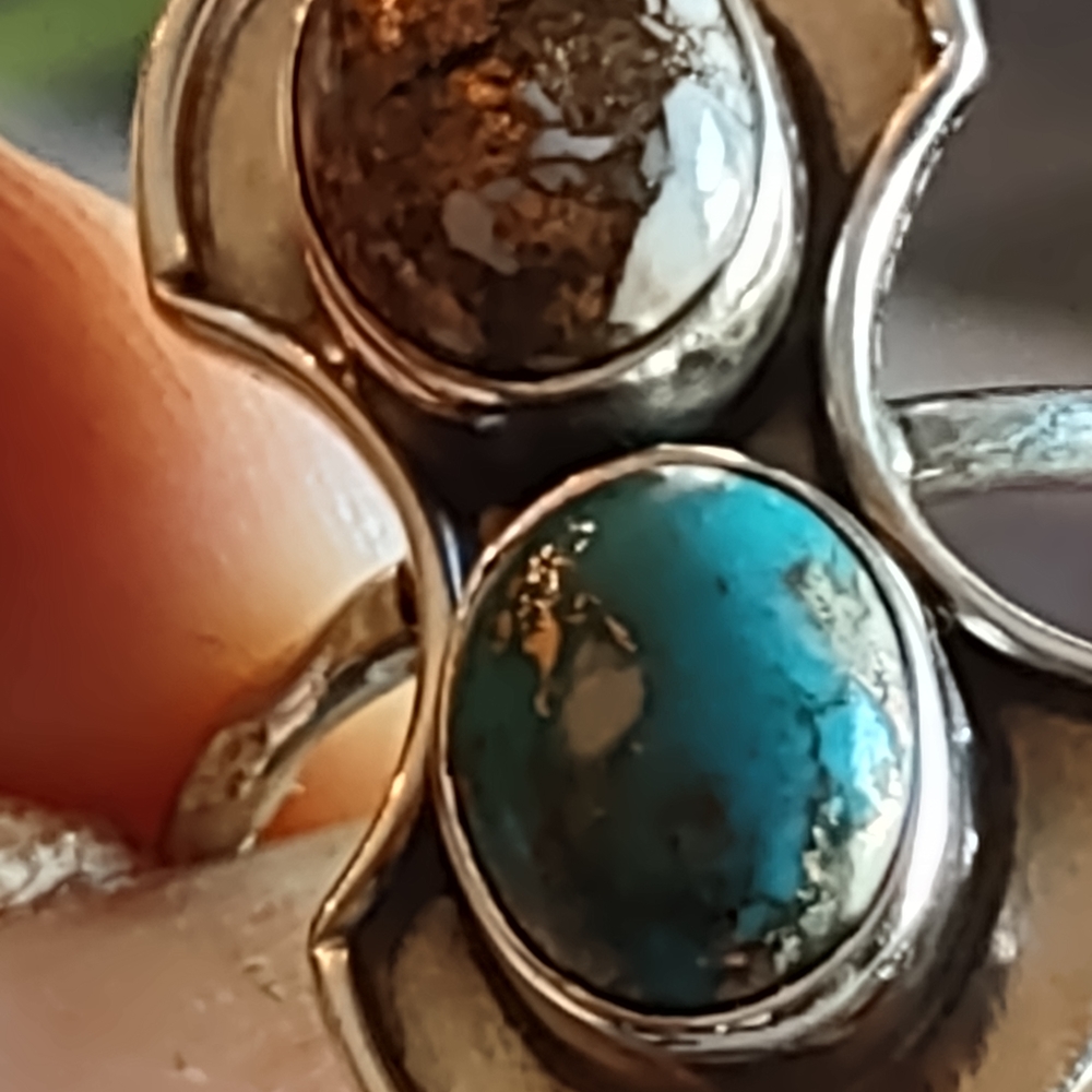 Sterling MB Navajo Double Turquoise Ring — Blue & Matrix Cabs, 925, Sz [insert] - Picture 2 of 15